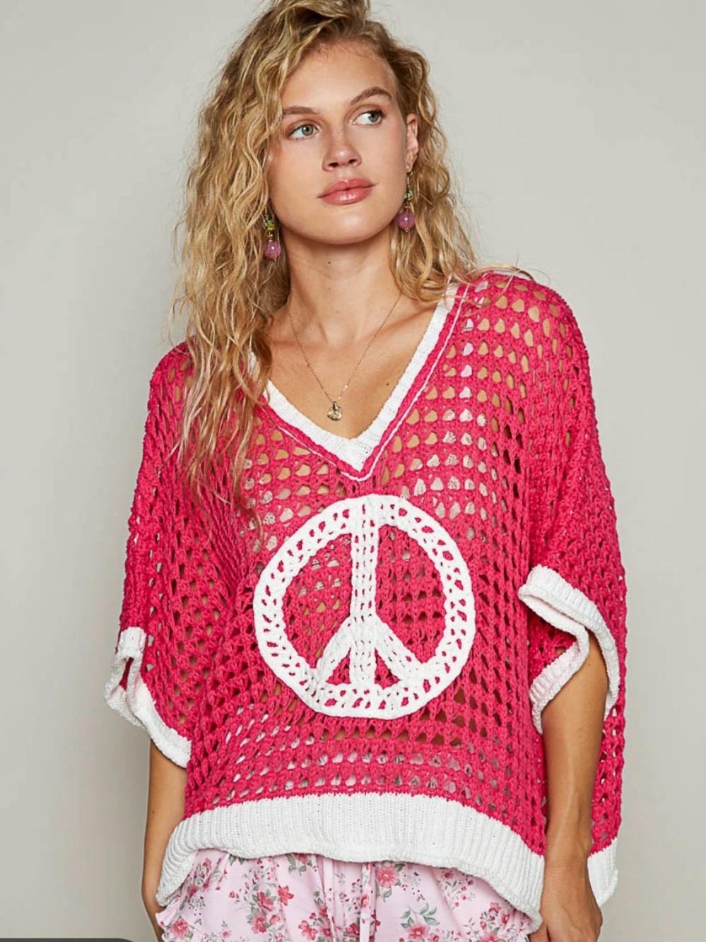 Open Crochet Oversized Peace Sign Sweater - POL - Size L NWT